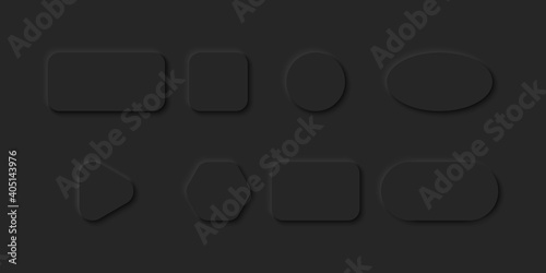 Black Buttons in Neomorphism design. Blank Buttons different shape with shadow. Vector illustration