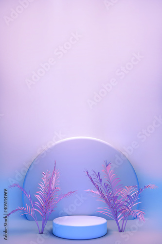 Round podium, stand on pastel background of blue wall with pink tropical palms. Showcase for cosmetic products. Spring summer concept