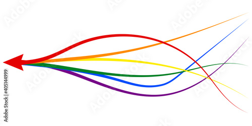 arrow formed by multiple merging lgbt pride colourful lines white background. Partnership, merger, alliance and integration concept photo