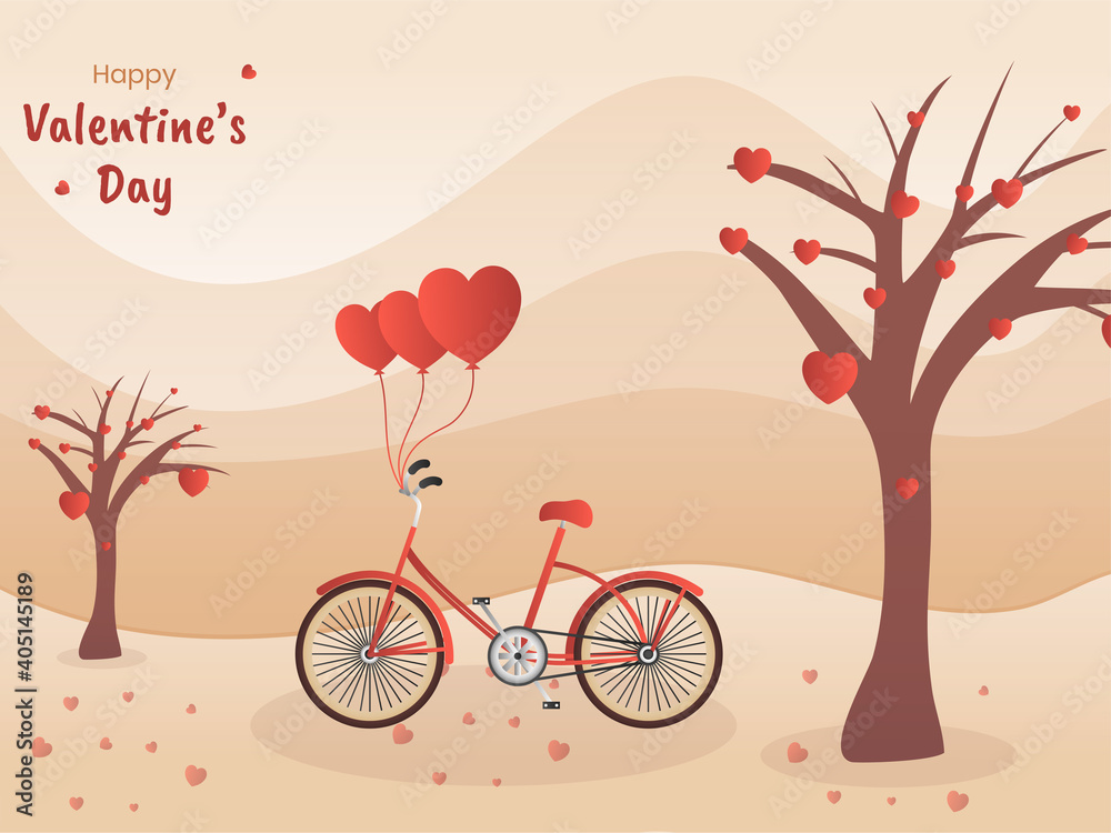 Illustration Of Bicycle With Heart Balloons And Love Trees On Peach Background For Happy Valentine's Day Celebration.