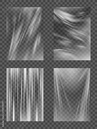 Plastic film, transparent cellophane stretch wrap, realistic crumpled or folded texture for food box. Design element graphic crumpled plastic wrap.