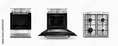 Oven, electric and gas kitchen appliances top and front view. Open or closed stove household technics with switches. Home tech equipment isolated white background realistic 3d vector illustration