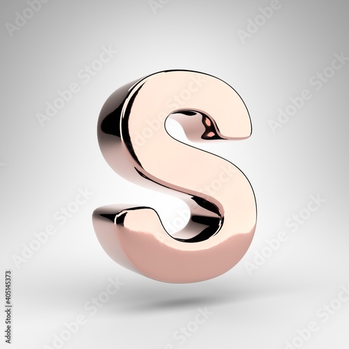 Letter S uppercase on white background. Rose gold 3D letter with gloss chrome surface.