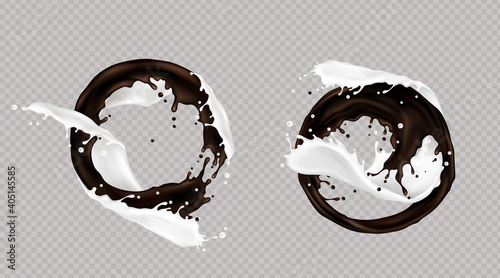 Splash of milk and dark chocolate or coffee mixed in swirl isolated on transparent background. Liquid dynamic droplets, pouring elements for package design, promo ad, Realistic 3d vector illustration