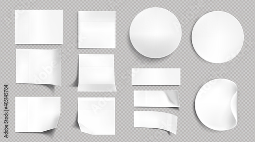 White paper stickers, blank square, round and rectangle sticky notes. Vector realistic set of empty labels with bent and folded corners, adhesive tags isolated on transparent background