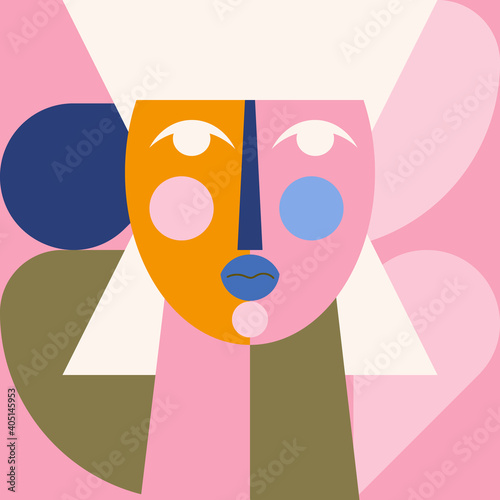 Geometric stylized female face illustration. Vector abstract artwork. Human modern head concept in simple shapes. Graphic poster, logo or symbol in flat style design.