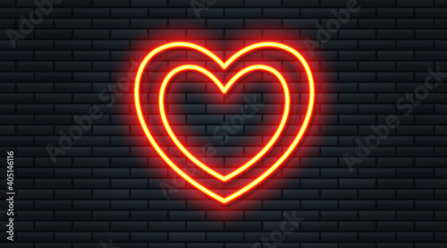 Vector illustration bright red neon heart isolated on dark brick wall background. Realistic retro neon heart sign for Happy Valentines Day. Romantic design element for greeting card and banner.