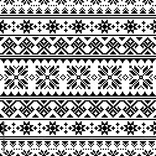 Ukrainian, Belarusian embroidery vector seamless pattern, cross-stitch black and white ornament inpired by folk art - Vyshyvanka 