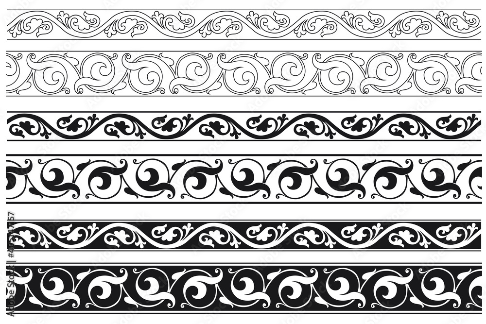 Set of decorative floral seamless ornamental border - Vector modular