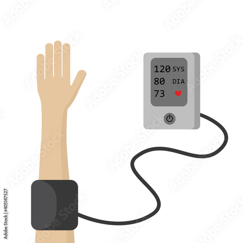 The man measures the blood pressure with digital tonometer device. Medical equipment sphygmomanometer. Health monitoring. Electronic blood pressure monitor. Vector flat design illustration.