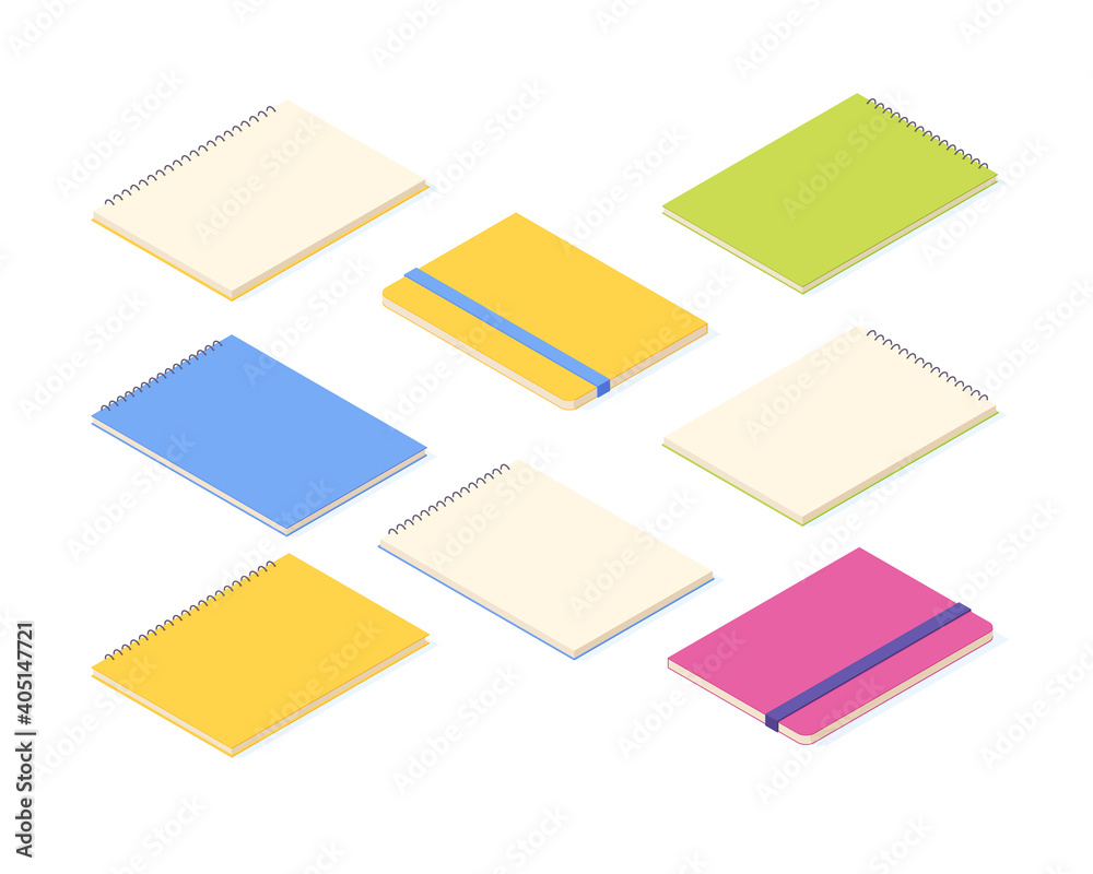 Notebook isometric set. Various paper notepads with spiral and hard cover. Notebook isometric set. Various paper notepads with spiral and hard cover.