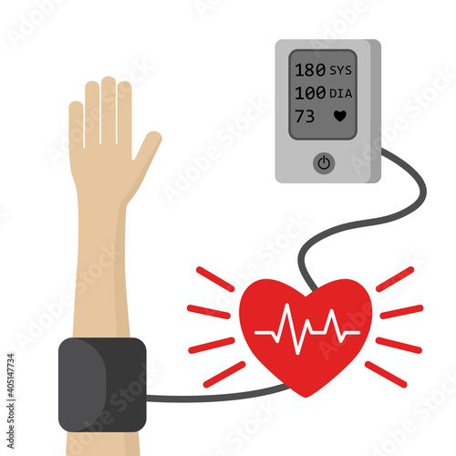 High blood pressure. Hypertension and Health care concept with Medical tonometer and heart. Blood pressure meter. Electronic sphygmomanometer in flat style isolated on white background.