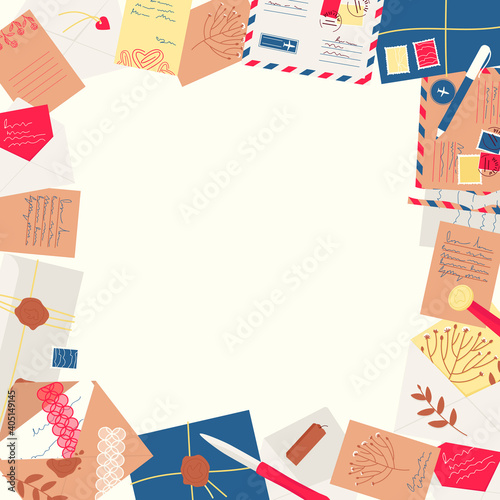 Frame made of envelopes, letters, postcards, postage stamps. Letters with love letters, dried plants, sealed with a wax seal, came from far away. Flat vector illustration.