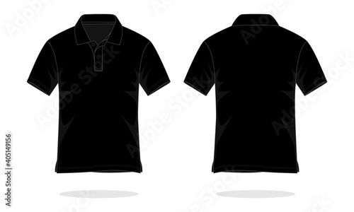 Blank black short sleeve polo shirt template on white background. Front and back view, vector file