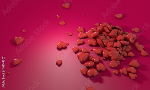 3d illustration of many red shiny hearts on pink background.