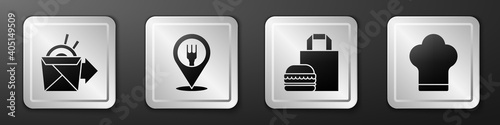 Set Online ordering noodles delivery, Cafe and restaurant location, Online ordering burger delivery and Chef hat icon. Silver square button. Vector.