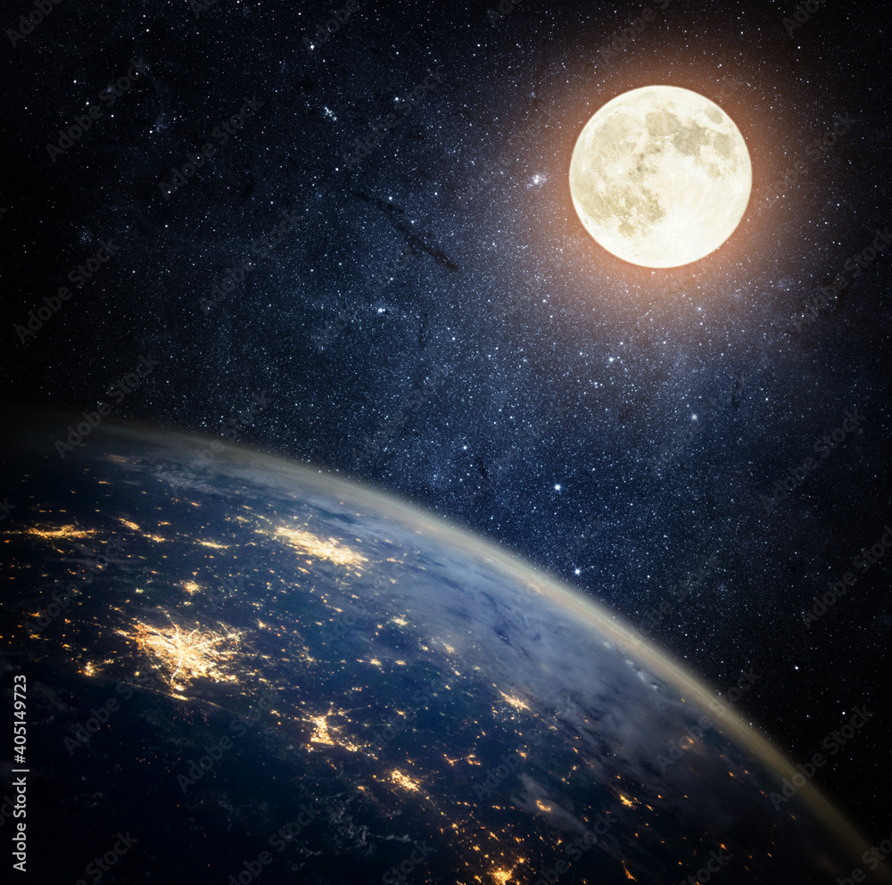 Planet Earth And Moon View From Space To The Night Sky With Stars The Planet Earth And Moon View From Space To The Night Sky With Stars The