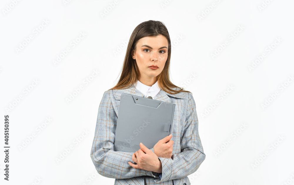 Responsible trainee. Elegant shy woman in jacket. Office worker. Formal casual fashion style. Woman hold office folder. Girl follow dress code. Businesswoman with documents. Administrator secretary Responsible trainee. Elegant shy woman in jacket. Office worker. Formal casual fashion style. Woman hold office folder. Girl follow dress code. Businesswoman with documents. Administrator secretary