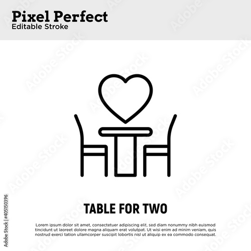 Romantic dinner: table for two at Valentine's day. Pixel perfect, editable stroke. Thin line icon. Vector illustration.