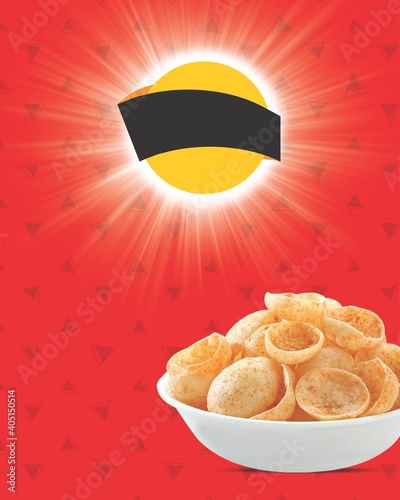 Crispy and crunchy Salty wheat cup or Katori, vatka, moon chips, vatki, fryums, snack food red background. photo