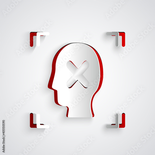 Paper cut Rejection face recognition icon isolated on grey background. Face identification scanner icon. Facial id. Cyber security concept. Paper art style. Vector.