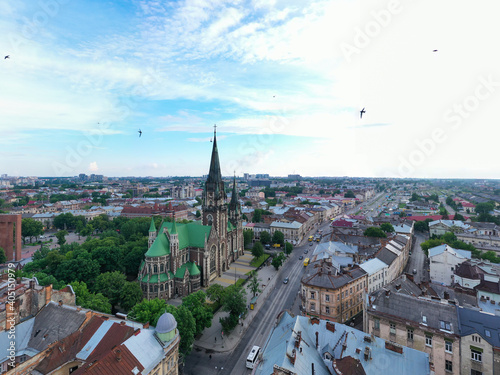 Aerial veiw on Elizabeth church in Lviv, Ukraine from drone. 
