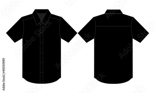 Blank Black Short Sleeve Dress Shirt Template on White Background. Front and Back View, Vector File