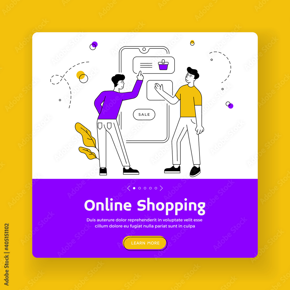 Online shopping landing page banner template. Flat linear vector illustration