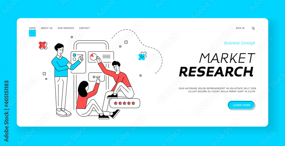 Market research landing page banner template. Flat linear vector illustration