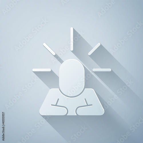 Paper cut Depression and frustration icon isolated on grey background. Man in depressive state of mind. Mental health problems. Paper art style. Vector.
