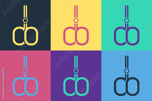 Pop art Nail scissors cuticle cut beauty salon icon isolated on color background. Cosmetic scissors for manicure. Vector.