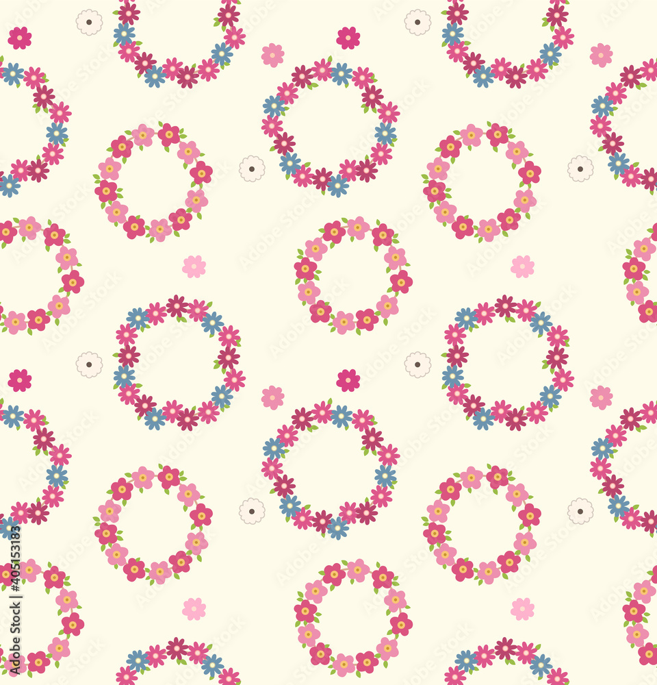 Japanese Sweet Floral Circle Ribbon Vector Seamless Pattern