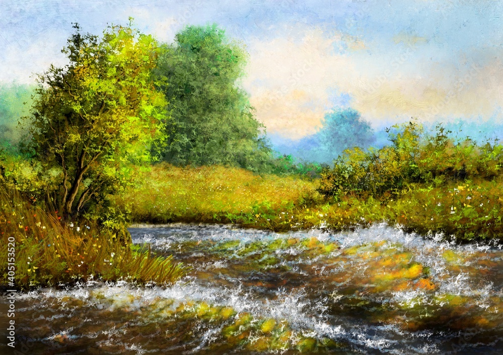 Oil paintings rural landscape, river in the forest. Fine art, masterpiece. Oil paintings rural landscape, river in the forest. Fine art, masterpiece.
