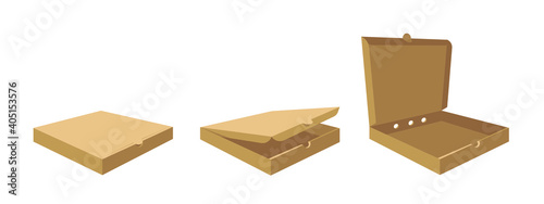 Square Carton Assembly Box for Pizza. Cartoon Style Illustration Delivery Packaging. Flat Graphic Design Clip Art. Vector Collection Mockup Isolated 