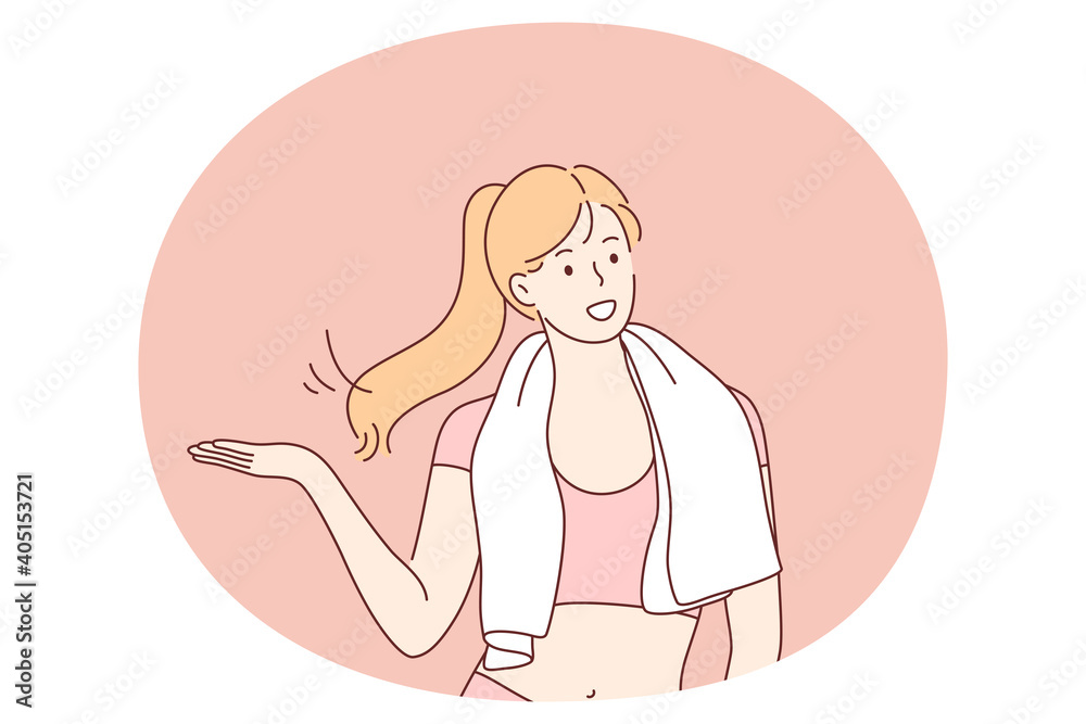 Sport, healthy lifestyle, good shape concept. Young happy slim woman cartoon character with towel on shoulders standing feeling cheerful after sports workout in gym or at home vector illustration Sport, healthy lifestyle, good shape concept. Young happy slim woman cartoon character with towel on shoulders standing feeling cheerful after sports workout in gym or at home vector illustration