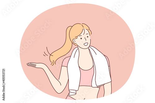 Sport, healthy lifestyle, good shape concept. Young happy slim woman cartoon character with towel on shoulders standing feeling cheerful after sports workout in gym or at home vector illustration 