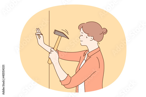 Repairing, renovation, housework concept. Young woman cartoon character nailing gaze to wall with hammer doing renovation and construction herself vector illustration 