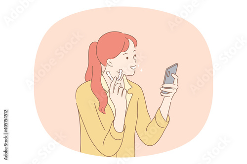 Beauty, toothcare, hygiene concept. Young smiling woman cartoon character using teeth whitening plate at home and looking of smartphone to compare color vector illustration. Dental care, wellness 