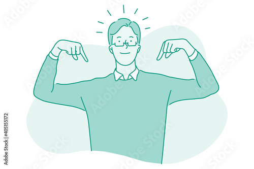 Self confidence, success, leadership concept. Happy young businessman cartoon character standing and pointing with fingers at himself feeling proud and confident as symbol of success 