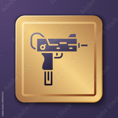 Purple UZI submachine gun icon isolated on purple background. Automatic weapon. Gold square button. Vector.