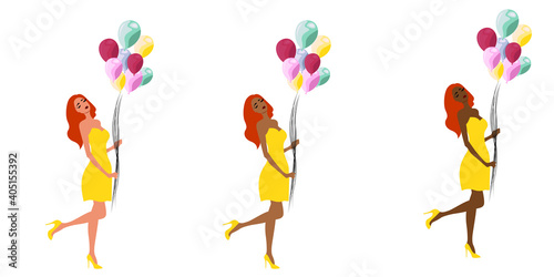 Happy beautiful woman holding colorful balloons isolated on white background flat vector illustration. Full length portrait. Woman in red dress holding balloons.