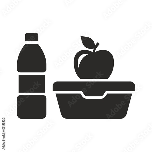 Lunch box icon. Lunch box with sandwich, bottle of water and fruit. Healthy eating. Vector icon isolated on white background.