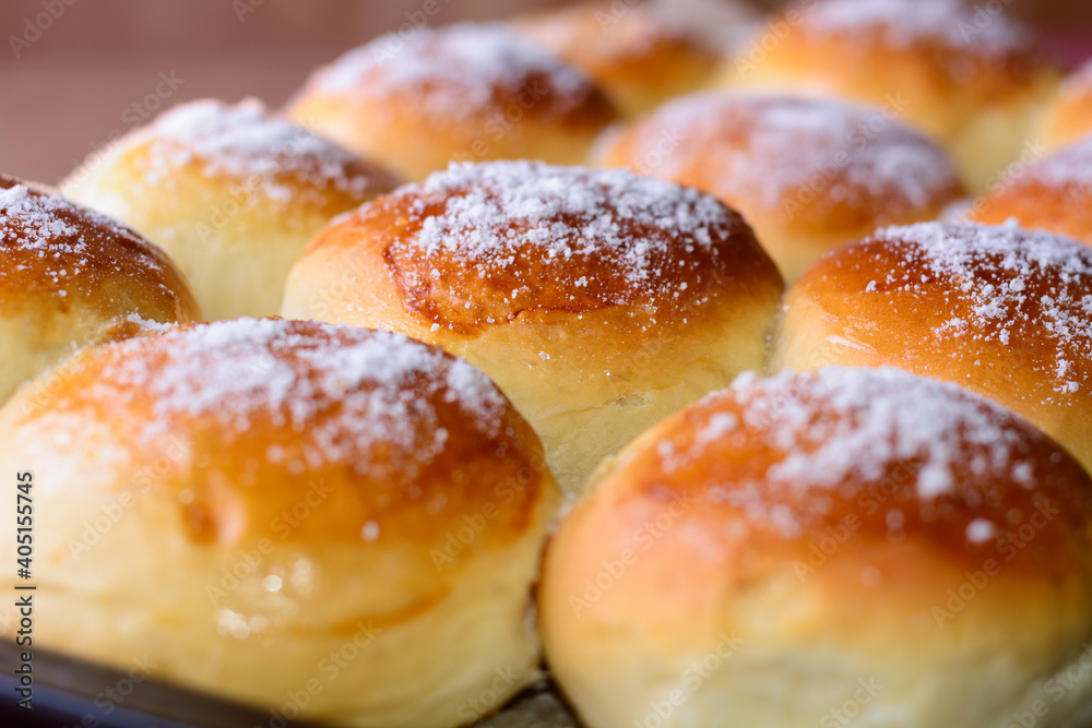 sugar buns on a tray, closeup view