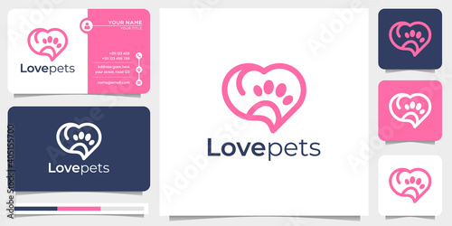 creative symbol of love with pets design. concept dog's feet abstract combination with business card vector template. premium vector