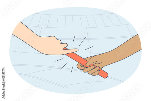 Relay baton, cooperation, teamwork concept. Hands of two sportsmen cartoon characters giving relay baton during sports competition on stadium vector illustration. Champion success winning 