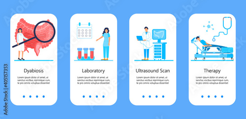 Intestine doctors examine, treat dysbiosis. Tiny therapist looks through a magnifying glass at harmful bacteria. Health care app templates in flat style for landing page, website, app