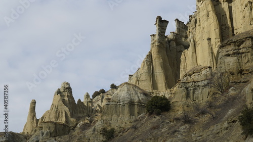 View of the Kuladokiya mountains. An unusual volcanic rock formation in the city of Kula, Turkey.