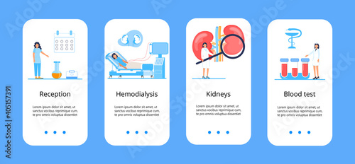 Pyelonephritis, concept of cystitis are shown. Urolithiasis, nephropathy app templates, renal failure, hemodialysis are shown for medical blue templates of apps.