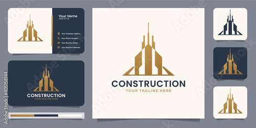 logo construction minimalism. logo for icon business , building, real estate,gold,home,modern logo vector template with business card. premium vector