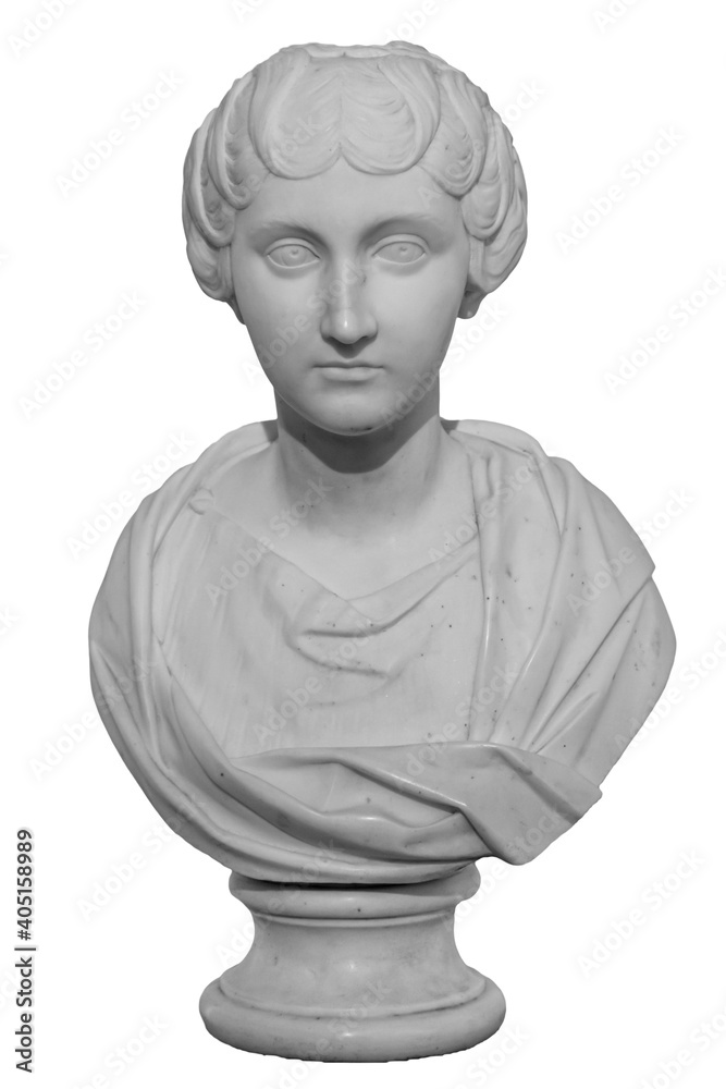 Ancient white marble sculpture bust of Faustina the Younger. Wife of Roman Emperor Marcus Aurelius. Statue of young woman isolated on white